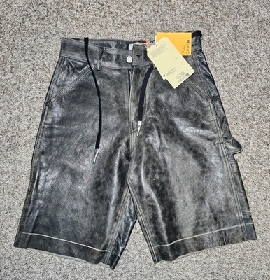 H2 Heron Preston H&M Shorts Mens 26 Black Gray Faux Leather Carpenter NWT $249
