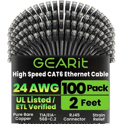 Cat6 Patch Cables 2 ft Black (100 Pack) - Cat 6 Patch Cables 2ft Black/Ethern...