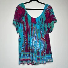Greater Good Multi Blouse Beachy Art to Wear Tie dye Boho Hippie V-Neck Top 2XL