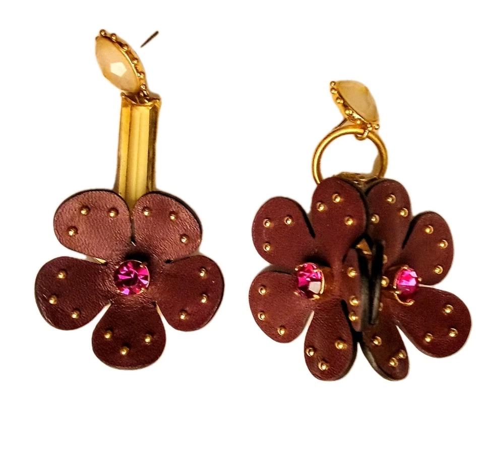 Kate Spade NY Blooming Bling Brown Leather With Pink Stone Asymmetrical Earrings - Image 2 of 4