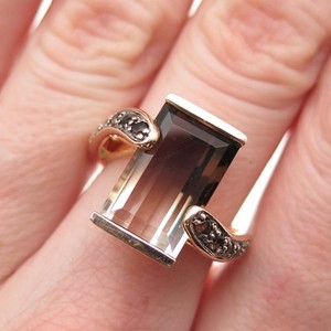 Authentic 925 Sterling Silver Gold Plated Real Smoky Quartz Bypass Ring Size 6.25