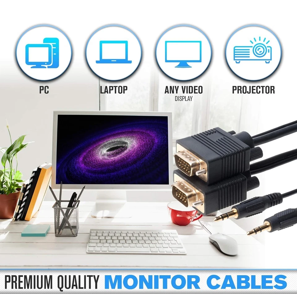 3-Pack - 35FT SVGA M/M + 3.5mm Aux Audio Cable Jack for Monitor PC Projector TV - Image 3 of 4