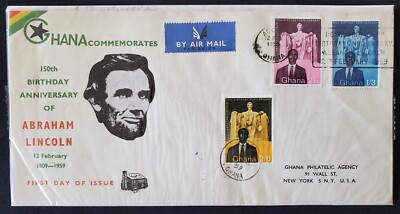 1959 Ghana Abraham Lincoln 150th BDay Canceled Stamps + Envelope First ...