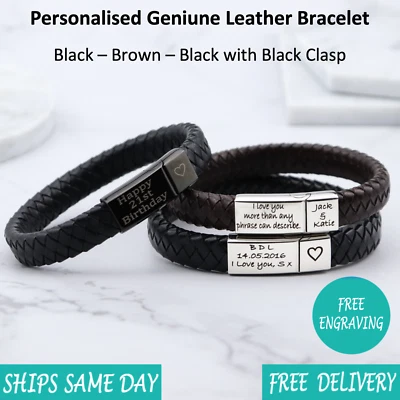 Personalised Engraved Leather Stainless Mens Bracelet Black Brown Christmas Gift - Image 1 of 4