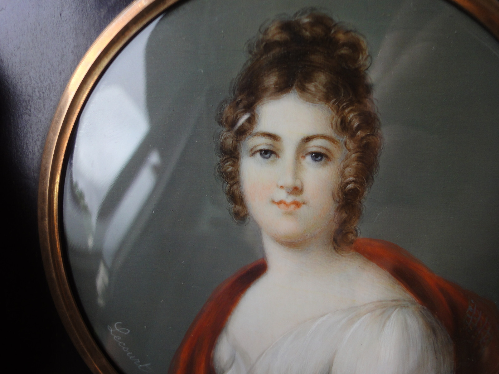 French antique miniature portrait painting signed Lecourt framed