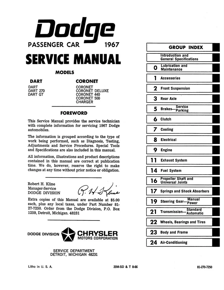 Dodge Dart 1967, Coronet, cargador manual de servicio de fábrica Foto 2 de 3