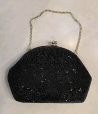 Vintage Black Beaded Clutch Purse Rhinestone Kiss Lock Chain Handle Japan Satin