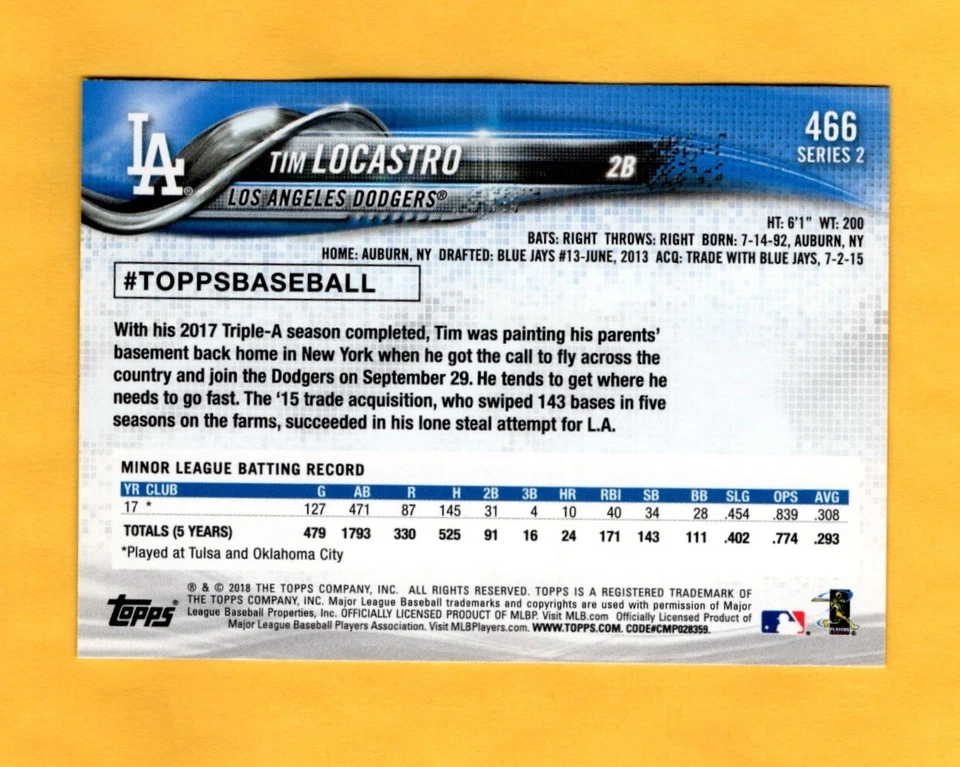 2018 Topps Baseball - Tim Locastro Dodgers ROOKIE - UNLIMITED SHIPPING FOR $4.00 - Image 2 of 2