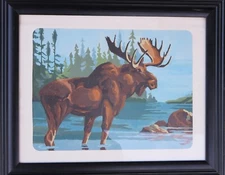 Vintage Paint by Number Finished Picture MOOSE by Craft Master Framed with Glass