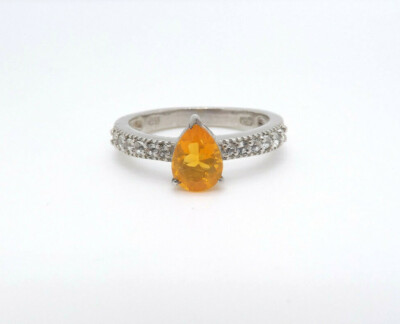 Chuck Clemency STS Sterlingsilber Birnenform Feueropal & CZ Ring, Größe 9