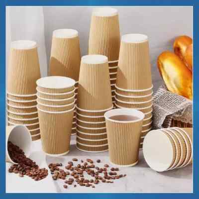 12PK Disposable Coffee Cups Paper Kraft Ripple Cups & Lids Hot Drinks ...