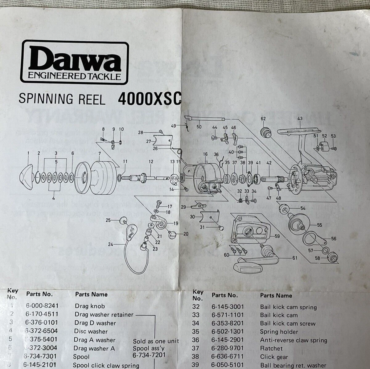 Daiwa Spinning Reel 40000XSC Parts Diagram Repair Parts Warranty 1 sheet  only