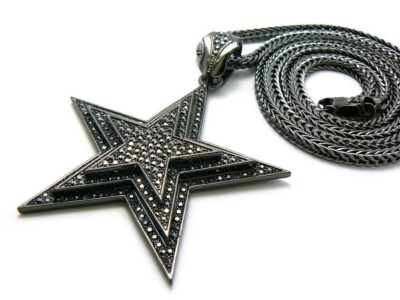 Hip Hop Icy Black Large STAR Cubic Zirconia Pendant 36'' Franco Chain Necklace