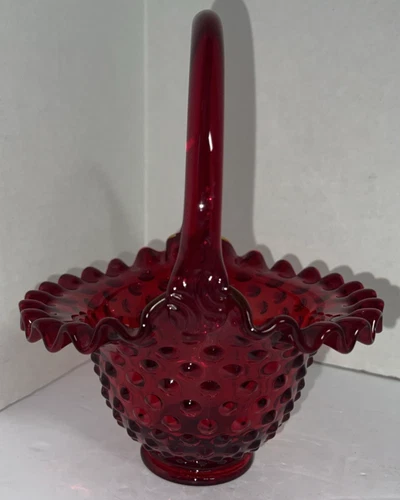 Vintage 8 Inch Fenton Hobnail Ruby Red Amberina Glass Basket Vase Dish Ruffled