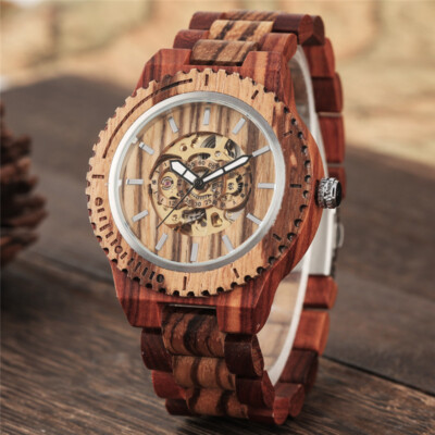 Handmade Nature Wood Watch for Men Self Wind Mechanical Wristwatch Wooden Band