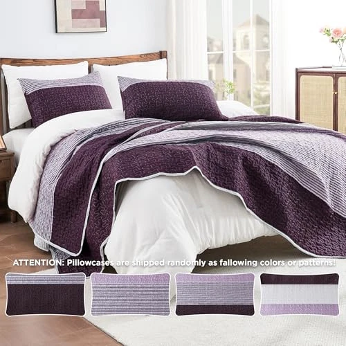  Juego de edredón a rayas King (106x96 pulgadas), 3 piezas King (106"x96") 08 - gris púrpura Foto 4 de 4
