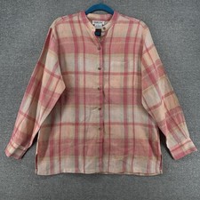 Talbots Tunic Top Women Size 14 Linen Vintage Peach Plaid Button Up Casual