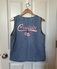 Vintage Women  s Blue Denim Vest, Pink Cruisin  and Dice Satin Patches, Medium
