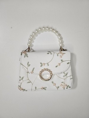 Mini Floral Embroidered Crossbody Bag Faux Pearl Handle Chain Strap White Purse