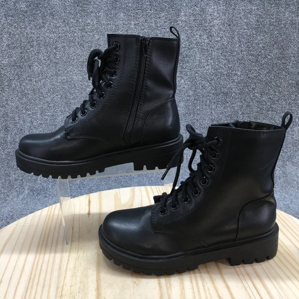 Botas de combate Soda femininas 8 preto couro sintético meia panturrilha com cadarço zíper salto NOVO - Imagem 2 de 4