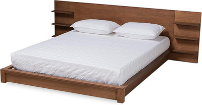 Modern Walnut Brown Queen Platform Bed with Storage Shelves