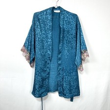 Vintage Val Mode Lingerie Robe Teal Satin Lace Floral Trim Bridal Women's Small