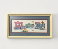 Vintage Nursery Train Teddy Bear Art Print Framed Childrens Wall Decor 