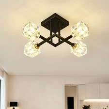 17'' Modern Crystal Ceiling 4 Light Flush Mount Black Chandelier Kitchen Fixture
