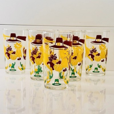 Vtg Set Of 5 1960 s Thanksgiving Glasses,  Features Pilgrim Hat & Cornucopia