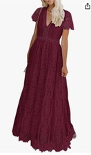 Merokeety Wine Red Lace L Dress Maxi Formal V Neck Zip Gown Short Sleeve