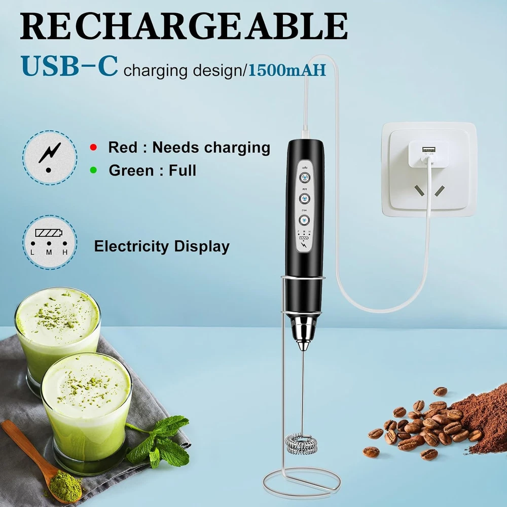 Milk Frother Handheld with Stand Electric Whisk 3 Speed Adjustable Drink Mixer