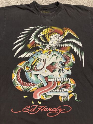 Vintage Ed Hardy Christian Audigier Shirt Mens Extra Large Yellow Skulls Snake - Picture 2 of 8