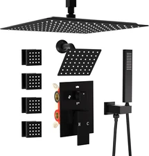 Dual Shower Head Shower System with Body Jets, 12" Ceiling Mounted Rain Shower H