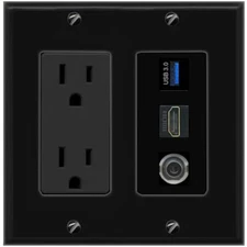 [3 Ports] 3-5MM HD USB-3 Black Wall Plate with 15A Power Outlet