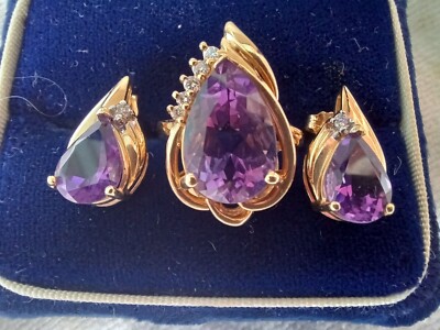 VINTAGE 14K GELBGOLD AMETHYST DIAMANT DAMEN 6,25 RING OHRSTECKER SET 9,9 g