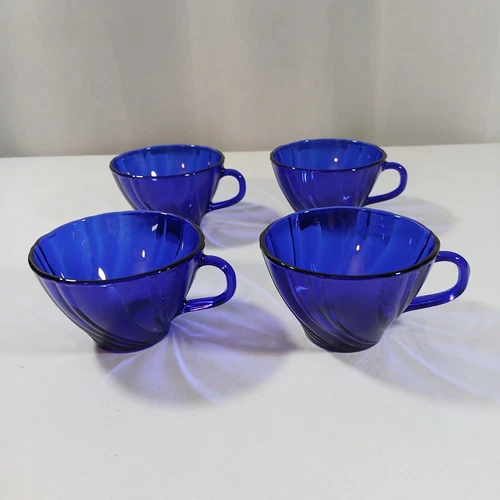 4 Duralex France Cobalt Blue Glass Swirl Tea Cups ~ no saucers