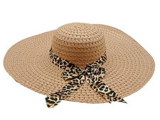 Wide Brim Sun Hat Large Beige Leopard Bow Floppy Black Band Beach Church Wedding
