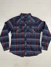 Roper Pearl Snap Shirt Women’s L Blue/Burgundy Plaid Long Sleeve Western Rodeo