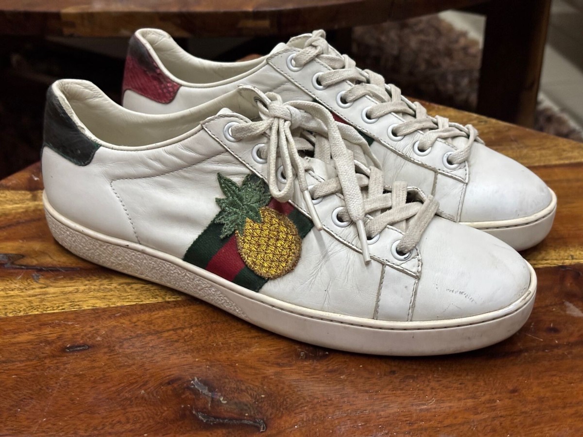 Ace  Gucci White Leather Ace Embroidered Ladybug & Pineapple Low Top