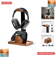 Headphone Stand Walnut Wood with Controller Holder Storage Tray for Gaming Desk