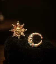 Moon Sun Earrings Art Mismatch Gold Court Deco Museum VTG Celestial Palace CZ