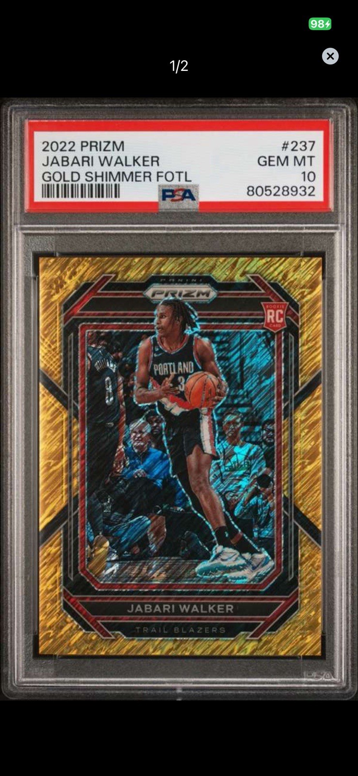 2022 Prizm Jabari Walker Rookie GOLD SHIMMER FOTL #237 /10 PSA 10 GEM MT RC🔥