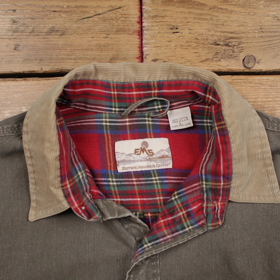 Vintage EMS Denim Shirt Button L USA Made Plaid Lined Mens Long Sleeve Brown - Image 3 of 4