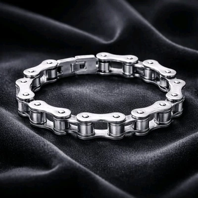 Homme Bracelet Solide Motard Chaîne Argent Acier Inoxydable Haute Qualité - Photo 1/4