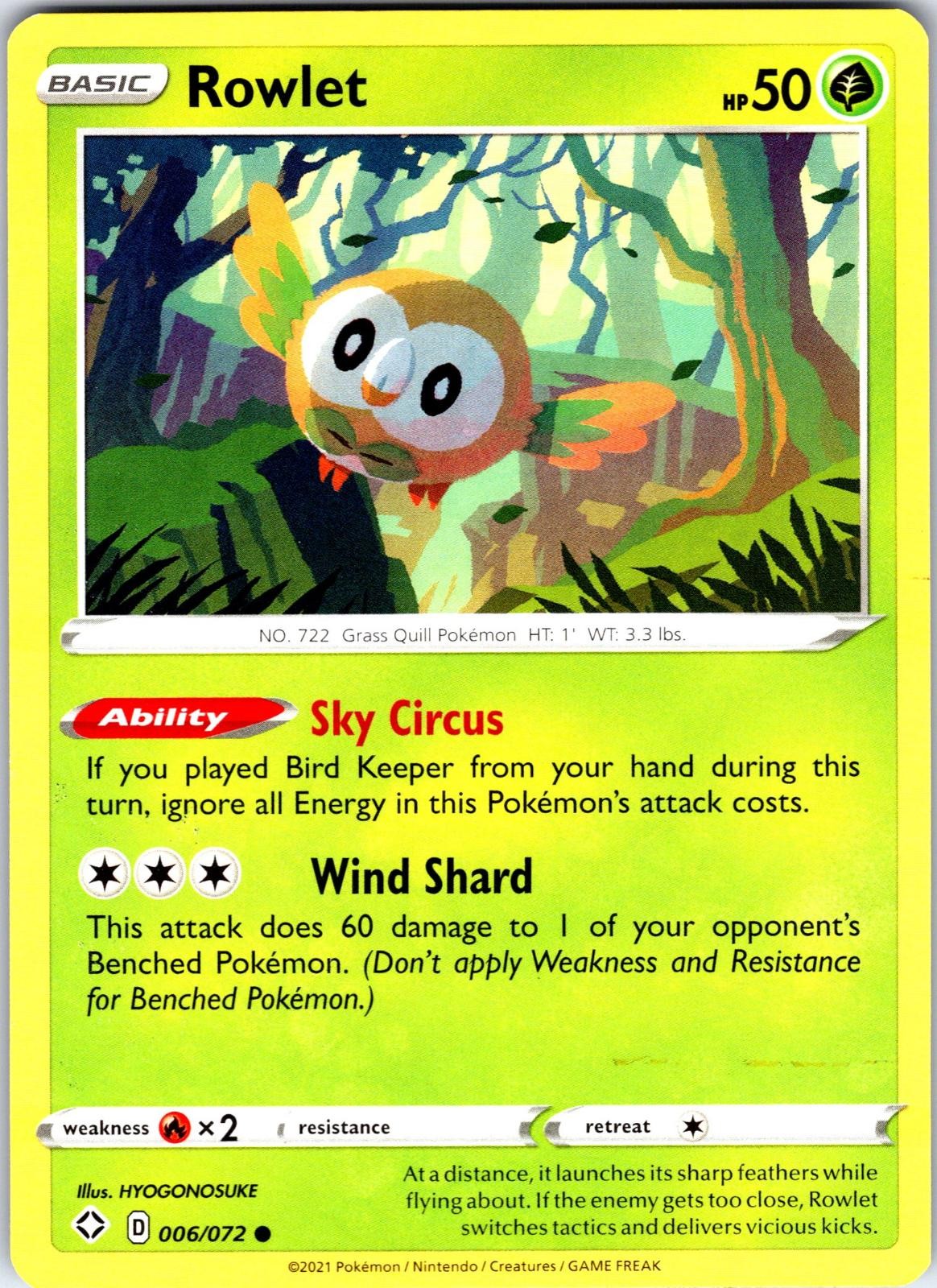 Rowlet 006/072 Common Shining Fates Pokemon Near Mint