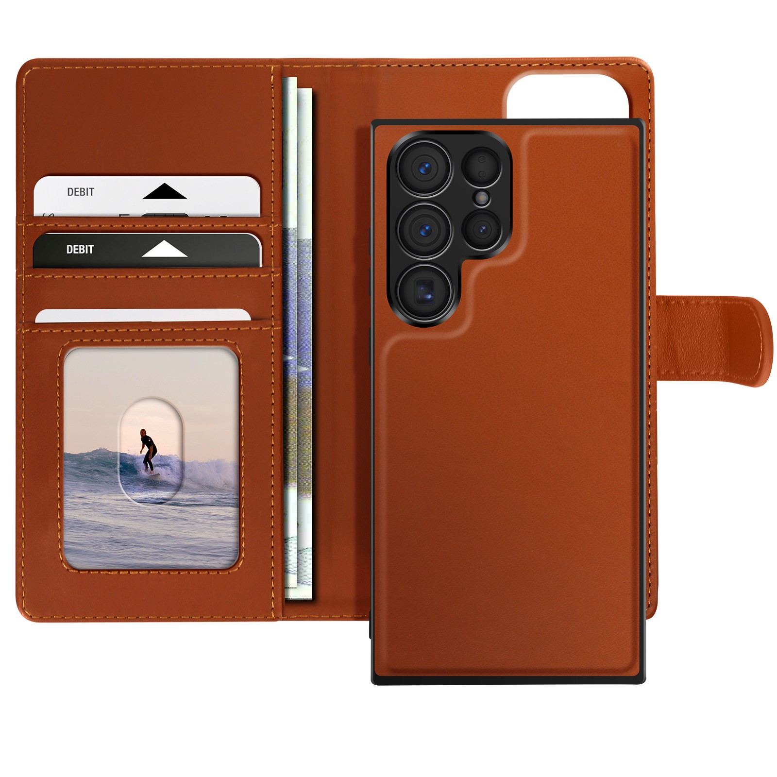 Coque Galaxy S23 Ultra Détachable Mayaxess en Cuir Marron pour Smartphone Samsung