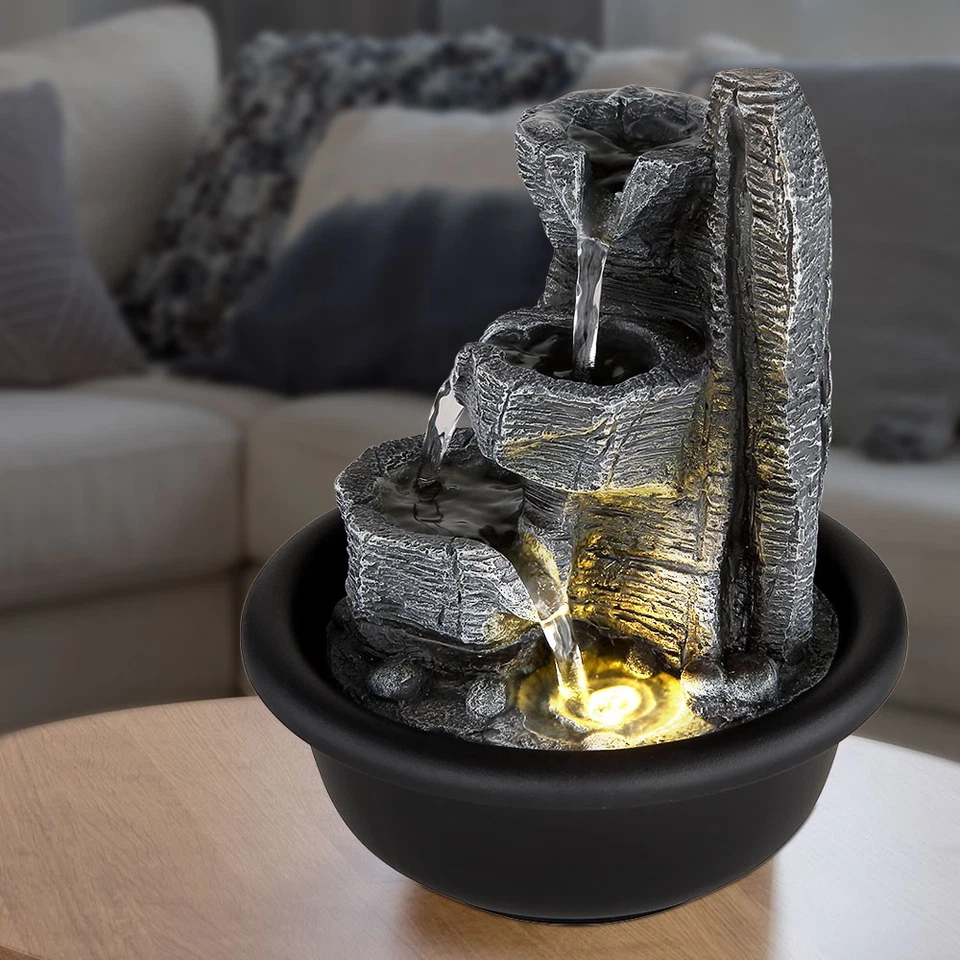 Fontaine D'Intérieur Décorée de Table LED Chute D'Eau Noir Gris - Photo 4/4