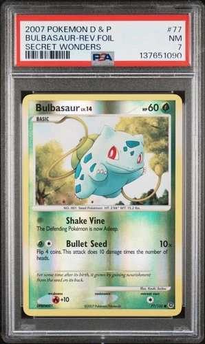 2007 POKEMON DIAMOND & PEARL SECRET WONDERS #77 BULBASAUR-REVERSE FOIL PSA 7