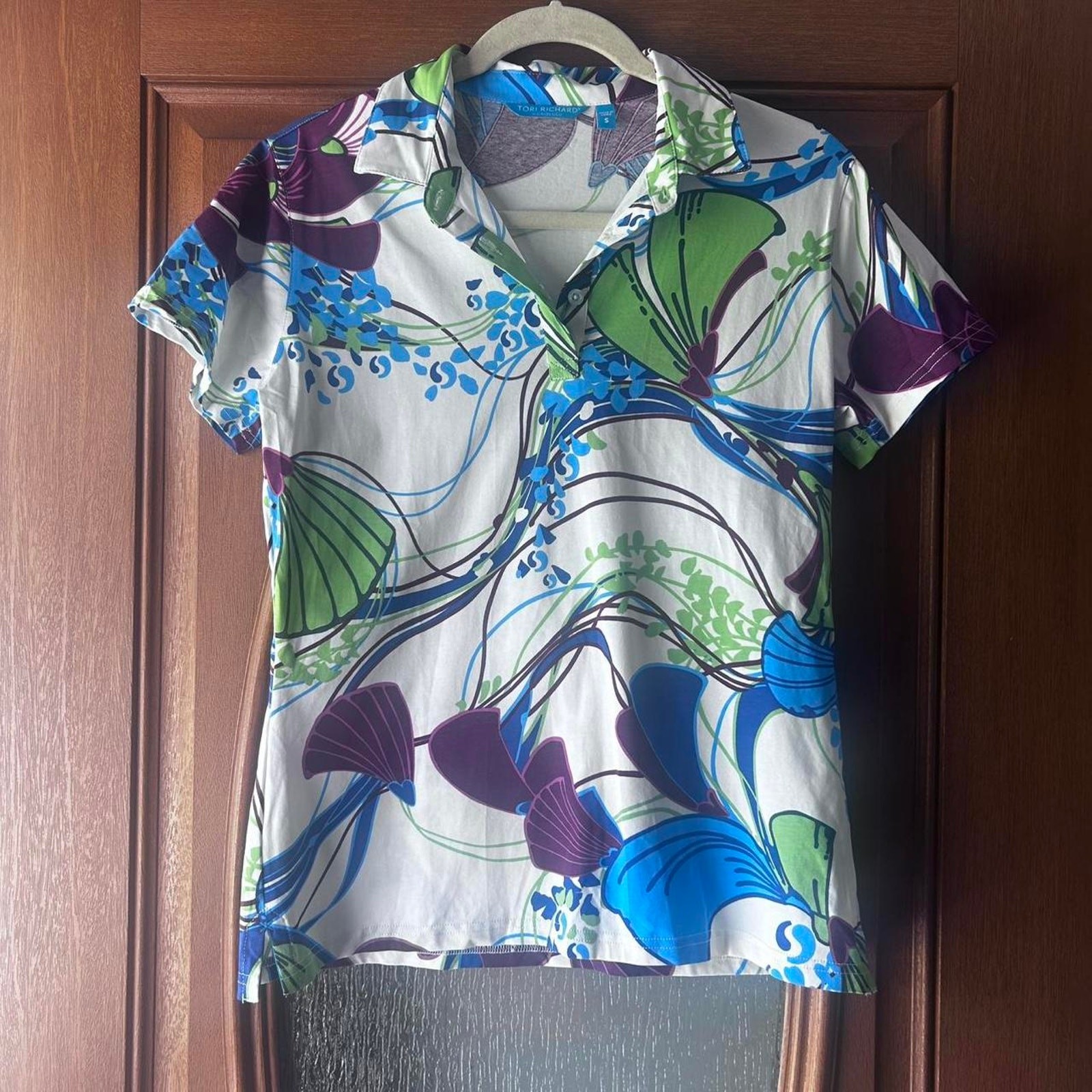 Tori richard green and purple Small Polo Floral G… - image 1