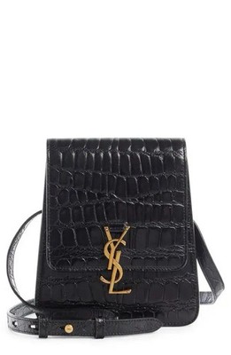 SAINT LAURENT YSL Kaia North/South Croc Embossed Black Leather Shoulder Bag